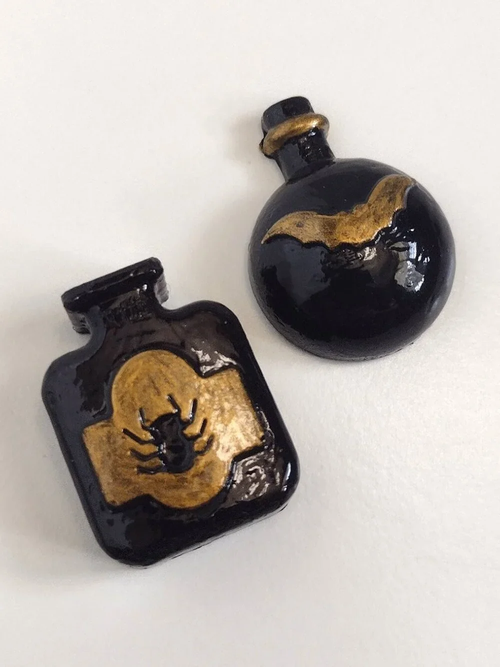 2 Black & Gold Gothic Halloween Apothecary Bottles, Spider & Bat Flat-back